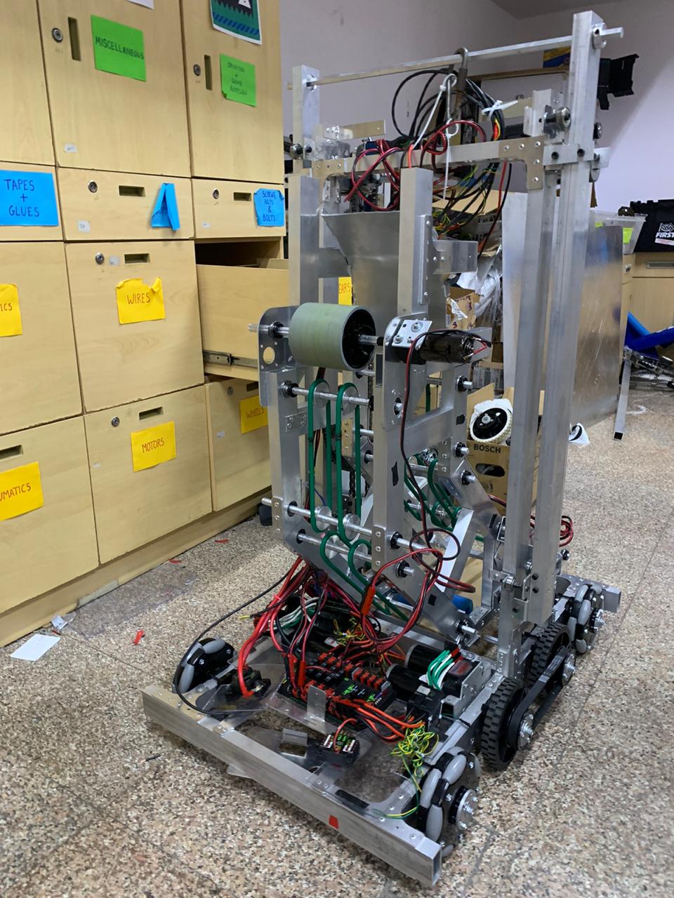 A picture of the complete robot for the FRC 2020 season.